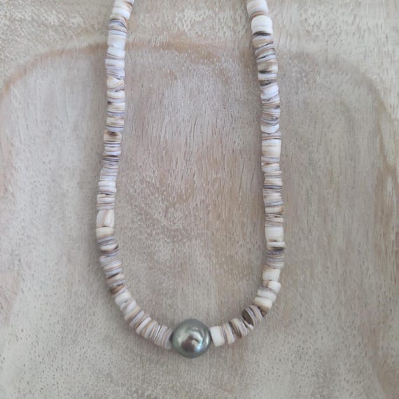 Heishi Shell and Tahitian Pearl Necklace, Beach Boho Choker Jewelry