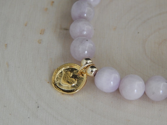 Lilac kunzite with gold vermeil heart charm, boho luxe, stacking bracelet
