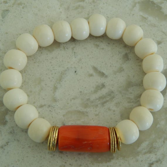 Boho Bone Bead Bracelet Set, Coral Accent, 18kt Gold Plated