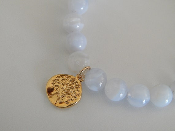 Blue lace agate stretch bracelet with gold vermeil tree of life charm, stacking bracelet, blue bracelet, boho chic