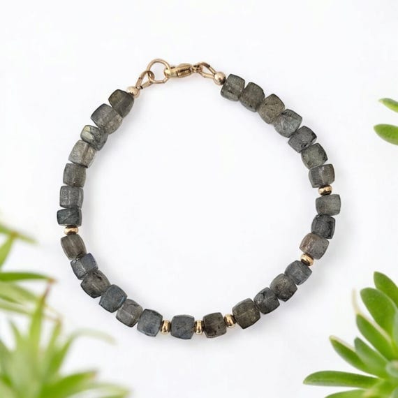Faceted labradorite cube bracelet, stacking bracelet, neutral gray gold filled
