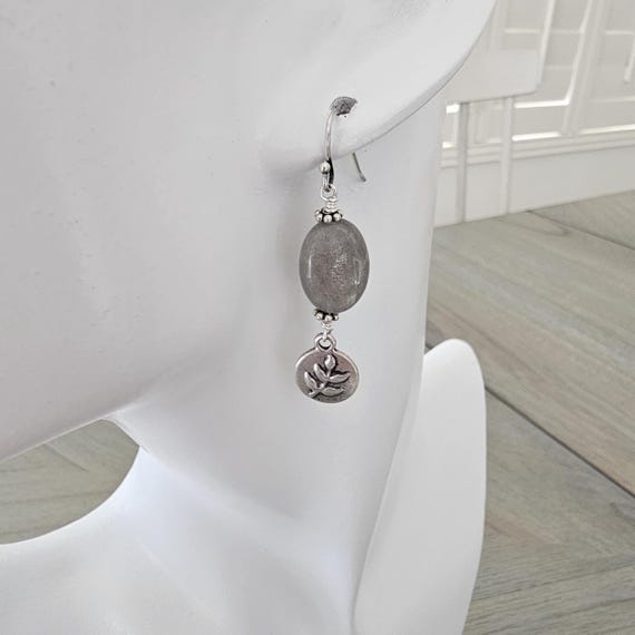 Labradorite and sterling silver leaf earrings, gray and silver earrings, summer jewelry