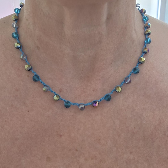 Crochet necklace with blue czech glass, summer necklace