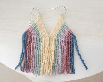 Beaded fringe earrings, boho earrings, multicolored fringe earrings