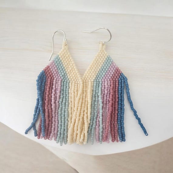 Beaded fringe earrings, boho earrings, multicolored fringe earrings