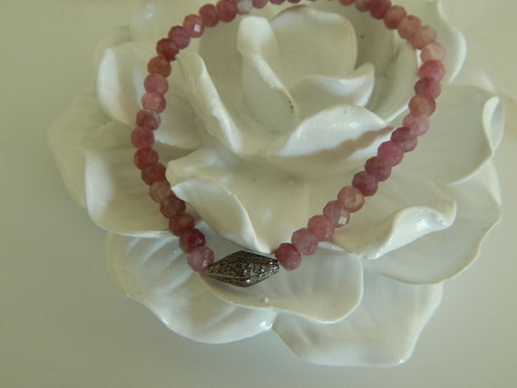Pink tourmaline bracelet with pave diamond bead, stacking bracelet, boho chic, boho luxe bracelet