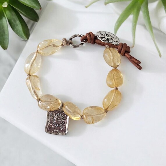 Hand knotted yellow quartz nuggets with sterling silver button, beach boho bracelet