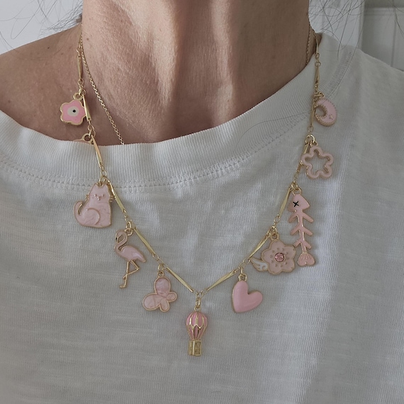 Pink Enamel Charm Necklace, Girly Gold Plated Chain