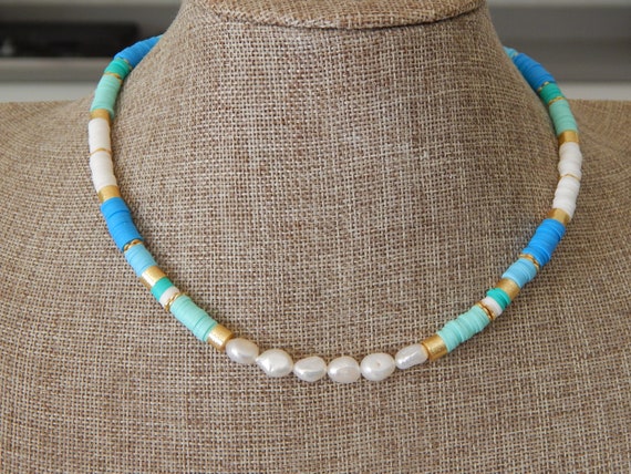 Color block clay disc necklace with gold beads and freshwater pearls, beach necklace, summer jewelry, choker