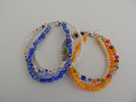 Triple strand millefiori glass bracelet with freshwater pearls, gift for her, boho bracelet, glass and pearls