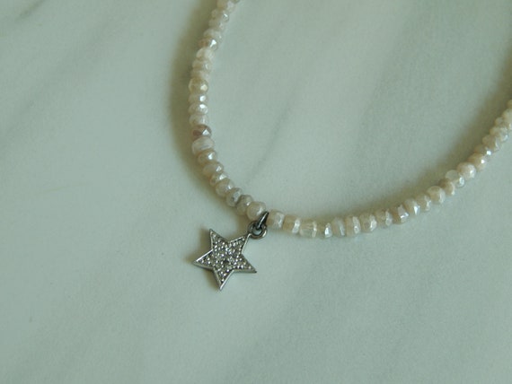Petite silverite gemstone necklace with pave diamond star, dainty necklace, layering necklace, neutral, beach boho