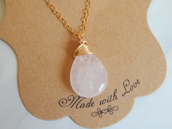 Wire wrapped rose quartz briolette necklace, gold cable chain, layering necklace, boho necklace