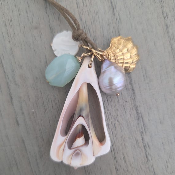 Large shell pendant necklace with freshwater pearl and chalcedony, beach jewelry