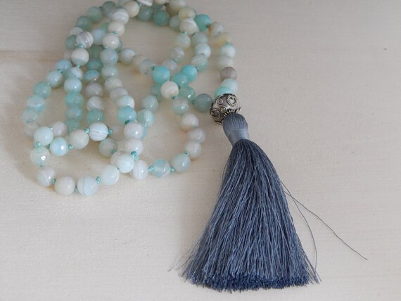 READY TO SHIP Seafoam green agate mala necklace with silky tassel, sterling silver guru bead, 108 bead mala