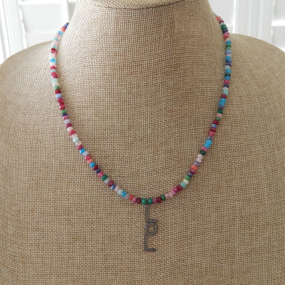 Multi colored jade necklace with diamond pendant, boho necklace, LOL pendant
