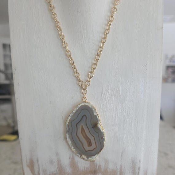 Large Agate Slice Necklace, 18kt Gold Plated Pendant