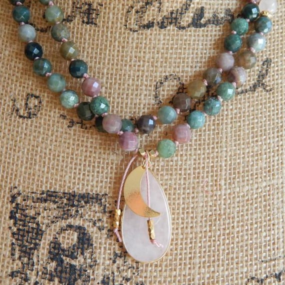 READY TO SHIP Handknotted 108 bead mala necklace, rose quartz, rhodonite, agate mala, mala beads, Earth mala, gemstone mala necklace
