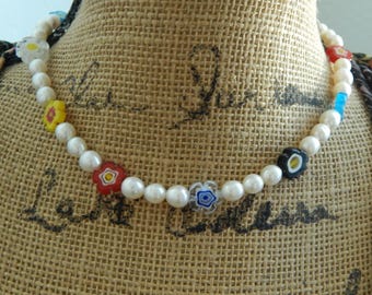 Millefiori Flower Glass Bead Necklace with Freshwater Pearls, Sterling Silver Clasp