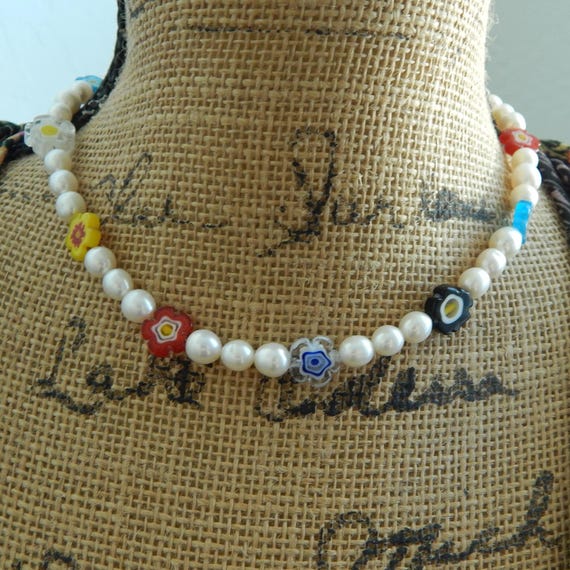 Colorful flower shape millefiori glass bead necklace with freshwater pearls, gift for her, boho bracelet, glass and pearls
