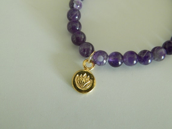 Amethyst stretch bracelet with lotus charm, yoga bracelet, boho chic, stacking bracelet