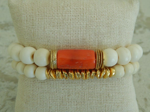 Bone bead and coral bracelet , summer jewelry, beach boho jewelry, stacking bracelets, boho luxe jewelry, neutral,