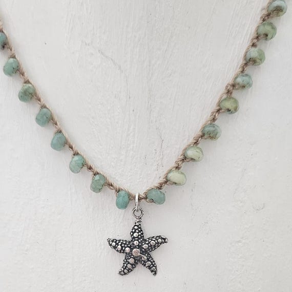 Sterling silver starfish necklace with seafoam czech glass beads, boho beach jewelry