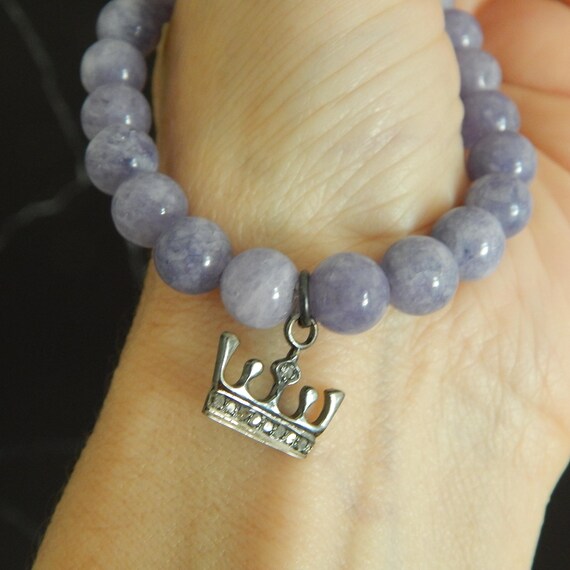 Tanzanite stretch bracelet with pave diamond crown charm, stacking bracelet, purple bracelet, boho chic, boho luxe bracelet, diamonds