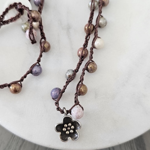 Crochet necklace with sterling silver hill tribe pendant, neutral necklace, boho jewelry