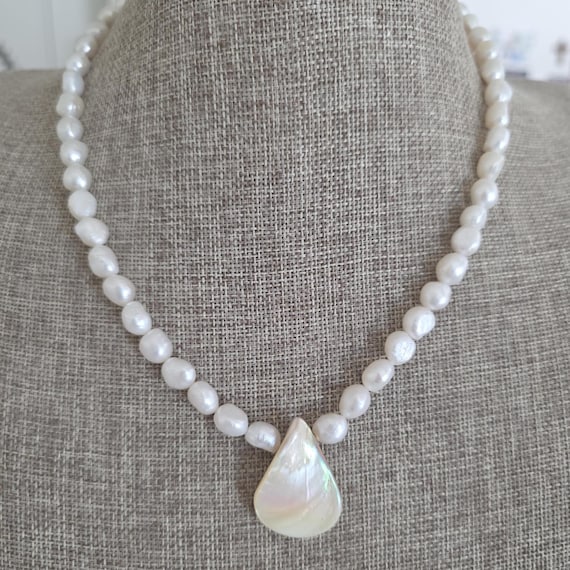 Freshwater pearl nugget necklace with shell pendant, beach jewelry