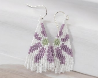 Beaded fringe earrings, boho earrings, floral beaded earrings