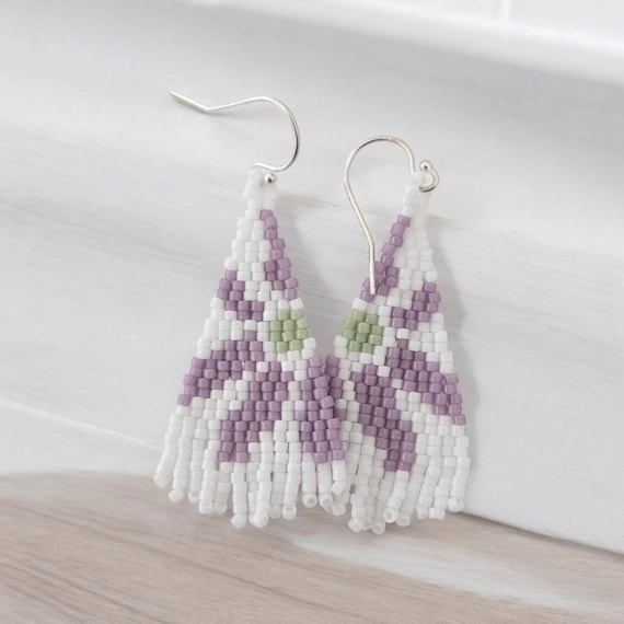 Beaded fringe earrings, boho earrings, floral beaded earrings