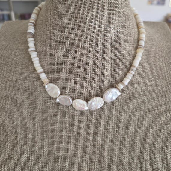 Freshwater pearl and seashell necklace, summer jewelry