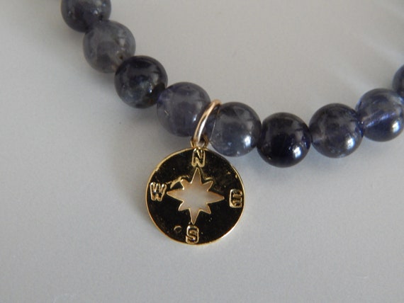 Blue iolite stretch bracelet with gold vermeil compass charm, stacking bracelet, blue bracelet, boho chic