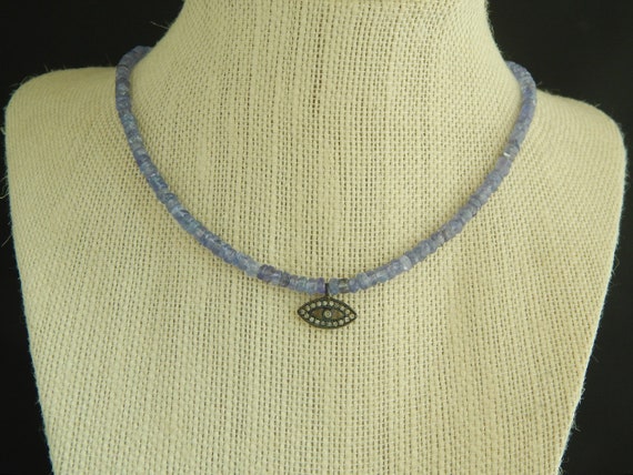 Petite tanzanite gemstone necklace with pave evil eye, dainty necklace, beach boho