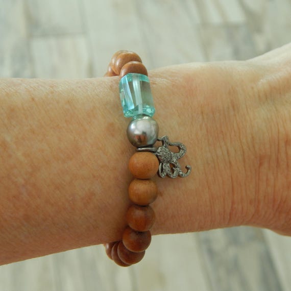 Tahitian pearl and blue quartz bracelet, pave diamond octopus charm, beach boho, summer jewelry