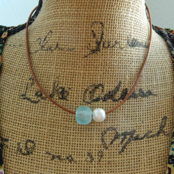 Freshwater pearl with african recycled glass bead and leather necklace, beachy boho style