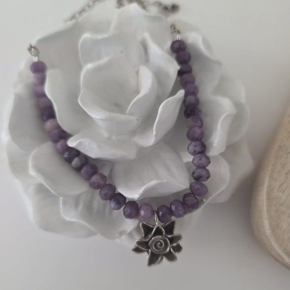 Faceted lepidolite with sterling silver hill tribe flower pendant, boho necklace, gift for her