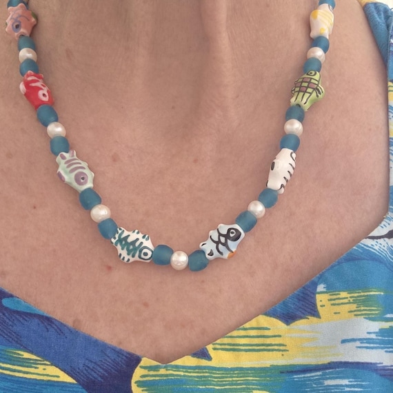 Ceramic fish and pearl necklace with blue recycled glass, beach boho necklace