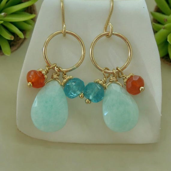 Aqua blue amazonite briolette earrings with carnelian and apatite, gemstone hoop earrings