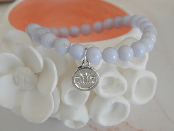 Blue lace agate stretch bracelet with sterling silver lotus charm, stacking bracelet, boho chic, yoga bracelet