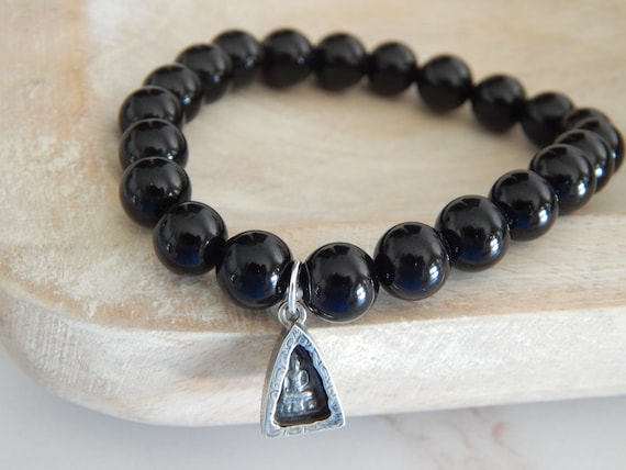 Black toumaline stretch bracelet with sterling silver buddha charm, black bracelet, boho chic, trendy jewelry, zen jewelry