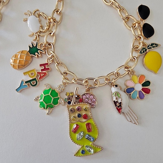 READY TO SHIP Fun colorful multi charm necklace, summer jewelry, statement jewelry