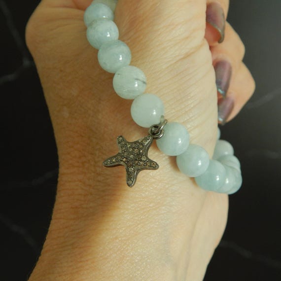 Aquamarine stretch bracelet with pave diamond starfish charm, stacking bracelet, purple bracelet, boho chic, boho luxe bracelet, diamonds