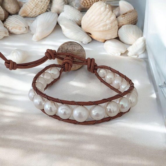 Hand sewn freshwater pearl bracelet with mother of pearl button, statement jewelry, boho bracelet