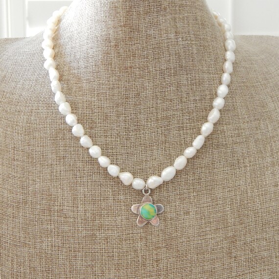 Freshwater pearl necklace with vintage sterling silver flower pendant, boho necklace, classic pearl necklace, summer jewelry