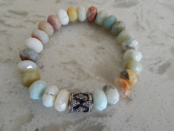 Multicolored faceted amazonite with sterling silver bali bead, beach chic, boho luxe, neutral, boho style