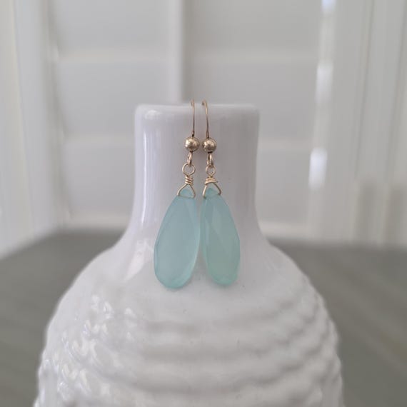 Blue chalcedony briolette dangle earrings, boho summer jewelry