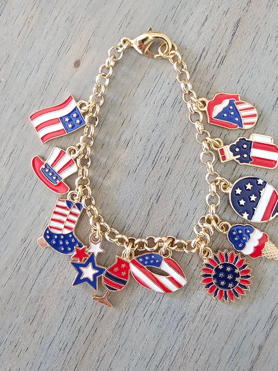 July 4th multi charm bracelet, enamel charm bracelet, American flag
