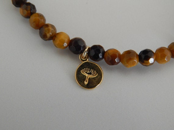 Tigers eye mini stretch stacking bracelet with gold vermeil dandelion charm, stacking bracelet, brown bracelet