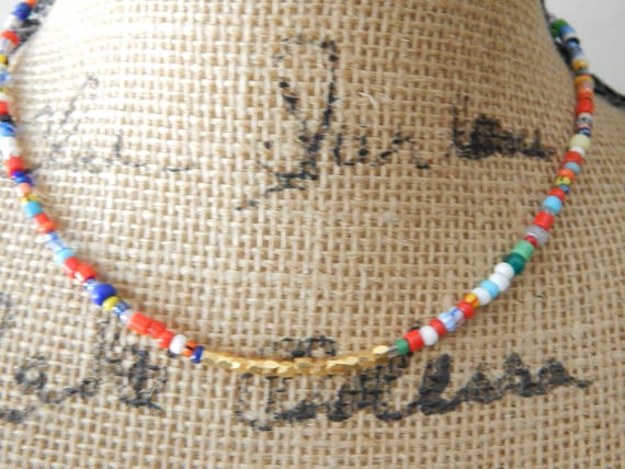Dainty colorful glass seed bead necklace with brass beads, beach necklace, summer jewelry, choker